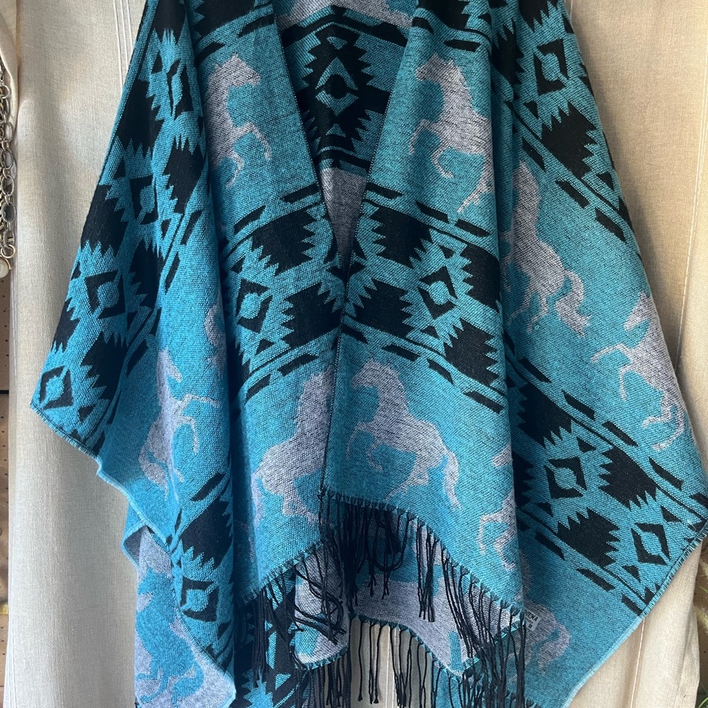 Geometric Blue and Black Shawl with Fringe